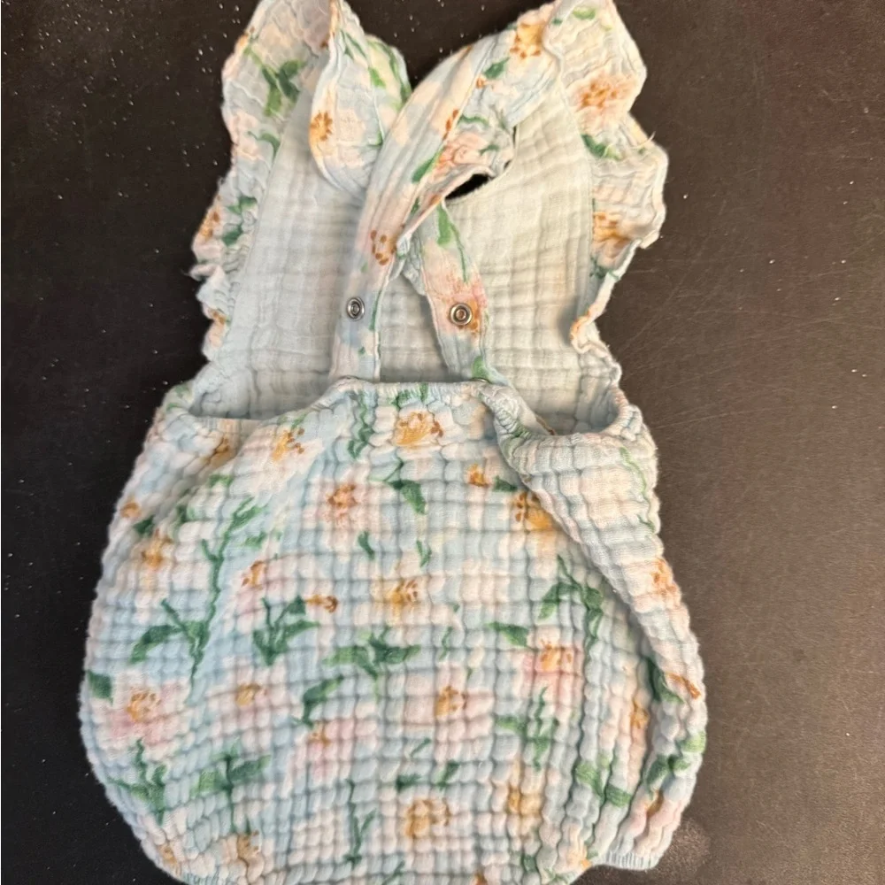 Angel Dear Blue/Ivory Magnolias Cotton Gauze Sunsuit-6-12 Month